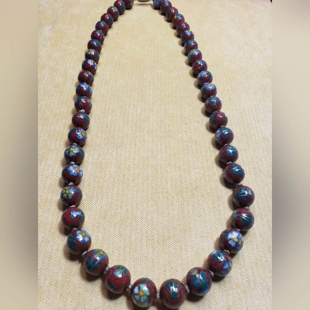 Vintage Chinese Brown, Green, and Blue Cloisonne Hand Knotted Necklace